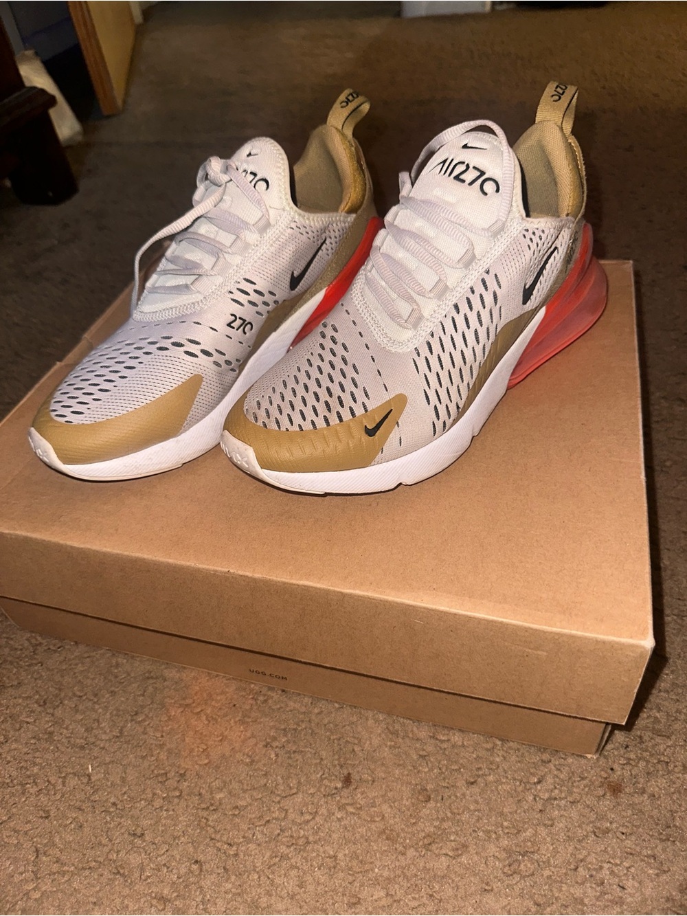 Nike Air Max 270 White with Gold and Coral Accents